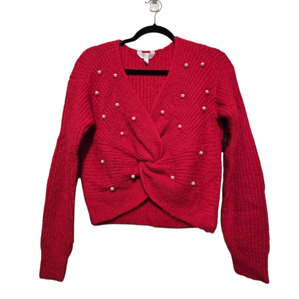 No Boundaries Womens Twist Crop Sweater NWT Sz MED 7-9 Red Pearls Valentines Day